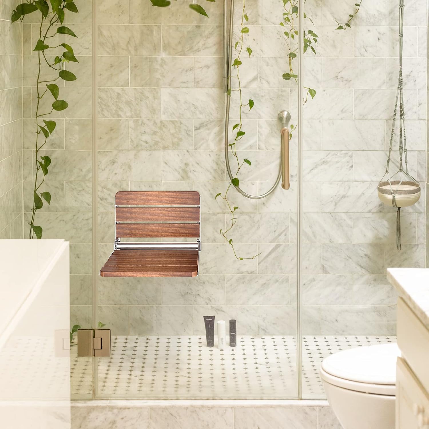 Siege de Douche Mural Rabattable，Tabouret de Douche Pliable Mural，Chaise De Douche Antidérapante pour Handicapé Personnes âgées 200kg，Bois