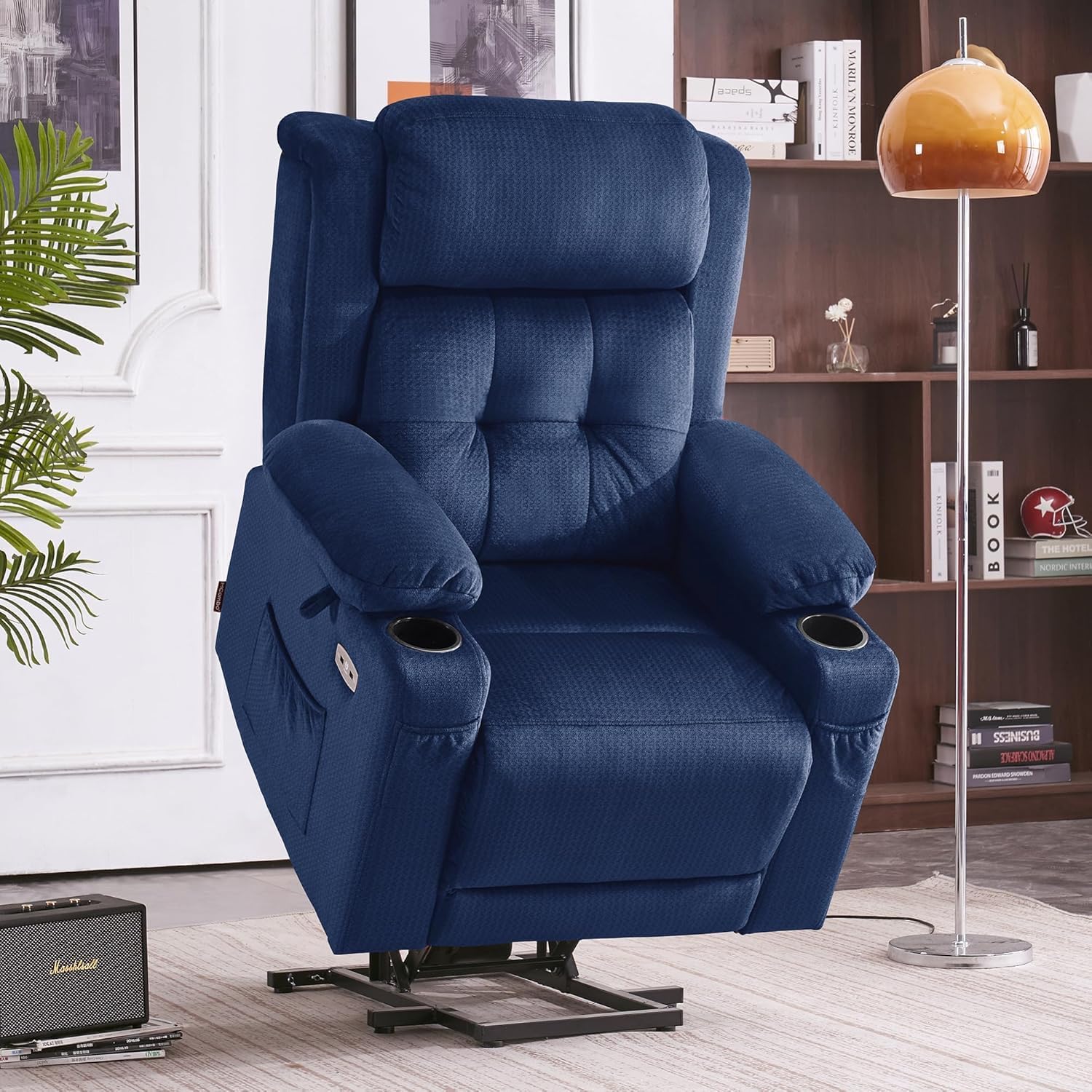 MCombo Fauteuil Releveur électrique 3 Moteurs, pour Personnes âgées, Fauteuil Relax avec Massage et Chaleur, Appui-tête Réglable et Repose-Pieds Allongé, Ports USB, 7664 (Bleu, Petit) Bleu Petit