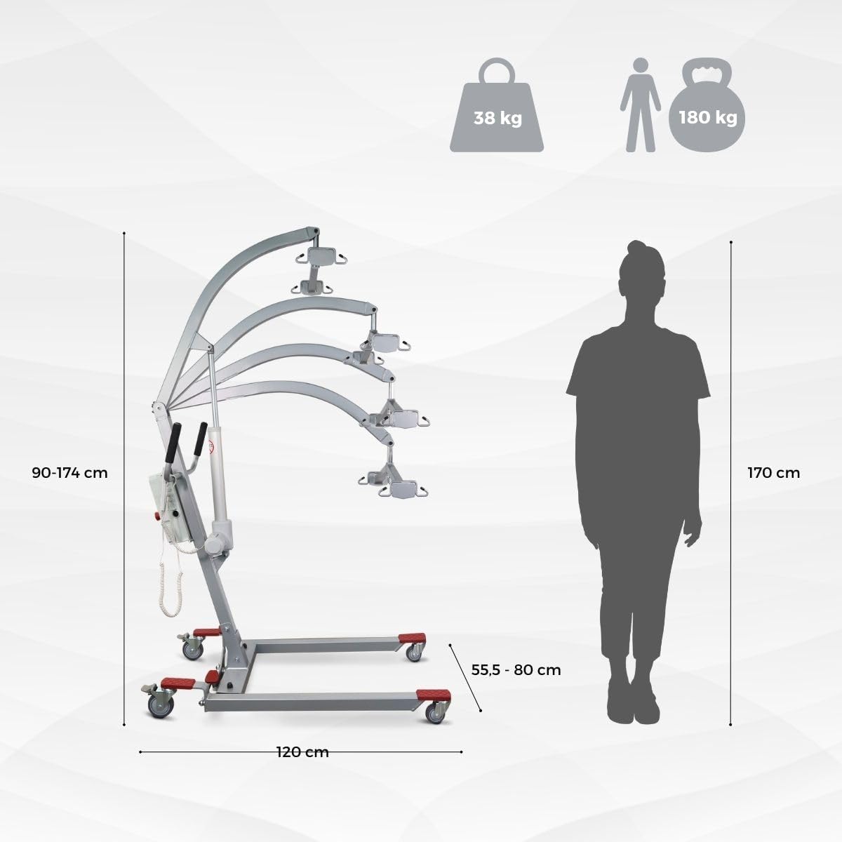 ®, Grue électrique pour le transfert de patients, Fortuna basic, Harnais inclus, Supporte jusqu'à 180 kg, Deux batteries, Réglable, Roulettes à blocage sécurité