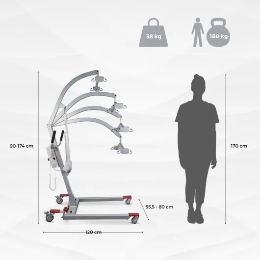 ®, Grue électrique pour le transfert de patients, Fortuna basic, Harnais inclus, Supporte jusqu'à 180 kg, Deux batteries, Réglable, Roulettes à blocage sécurité