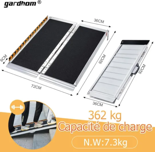 Rampes pour Fauteuils Roulants 92x72CM, Rampes de Seuil Rampe de Chargement Rampe d'Accès Antidérapante Pliable avec Bordures de Sécurité Max - 362KG 92 cm