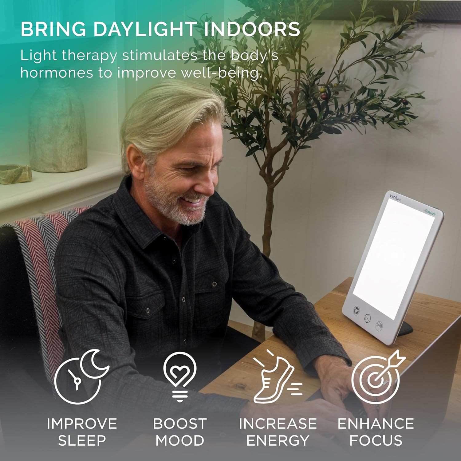 Verilux HappyLight Luxe – Lampe de luminothérapie 10 000 lux, sans UV, LED, réglable en luminosité et couleur, compte à rebours Blanc