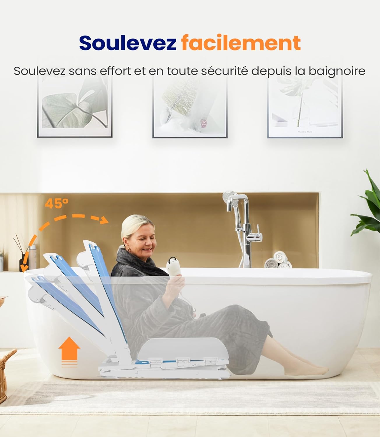 Élévateur de Bain Électrique AX07, Siège de Baignoire avec Moteur Étanche, Télécommande Rechargeable et Ventouses, Aide au Bain pour Seniors, Charge Maximale 136 kg