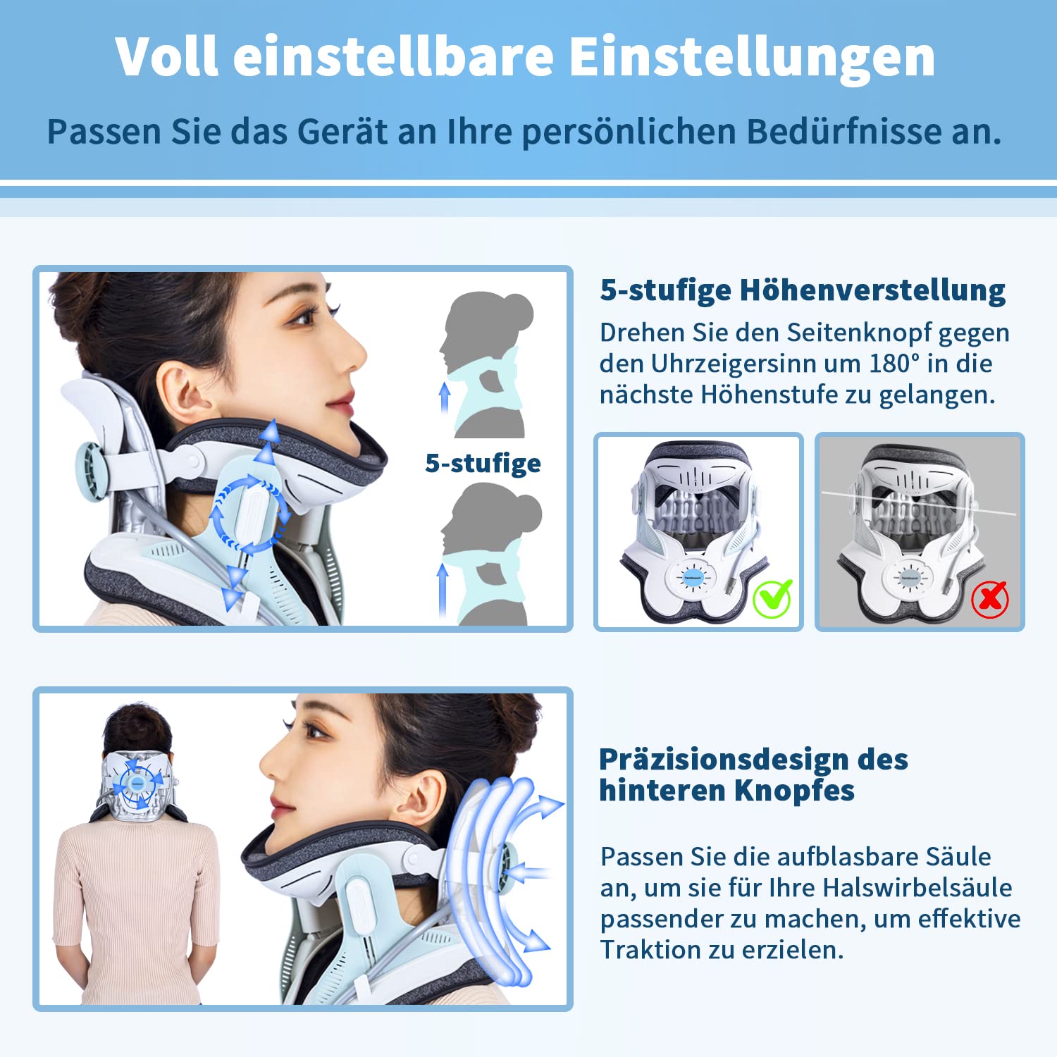 Holdsound Dispositif De traction Cervicale, Un Dispositif De Traction Cervicale Réglable électriquement Qui Soulage Efficacement Les Douleurs Au Cou， Facile à Utiliser Bleu
