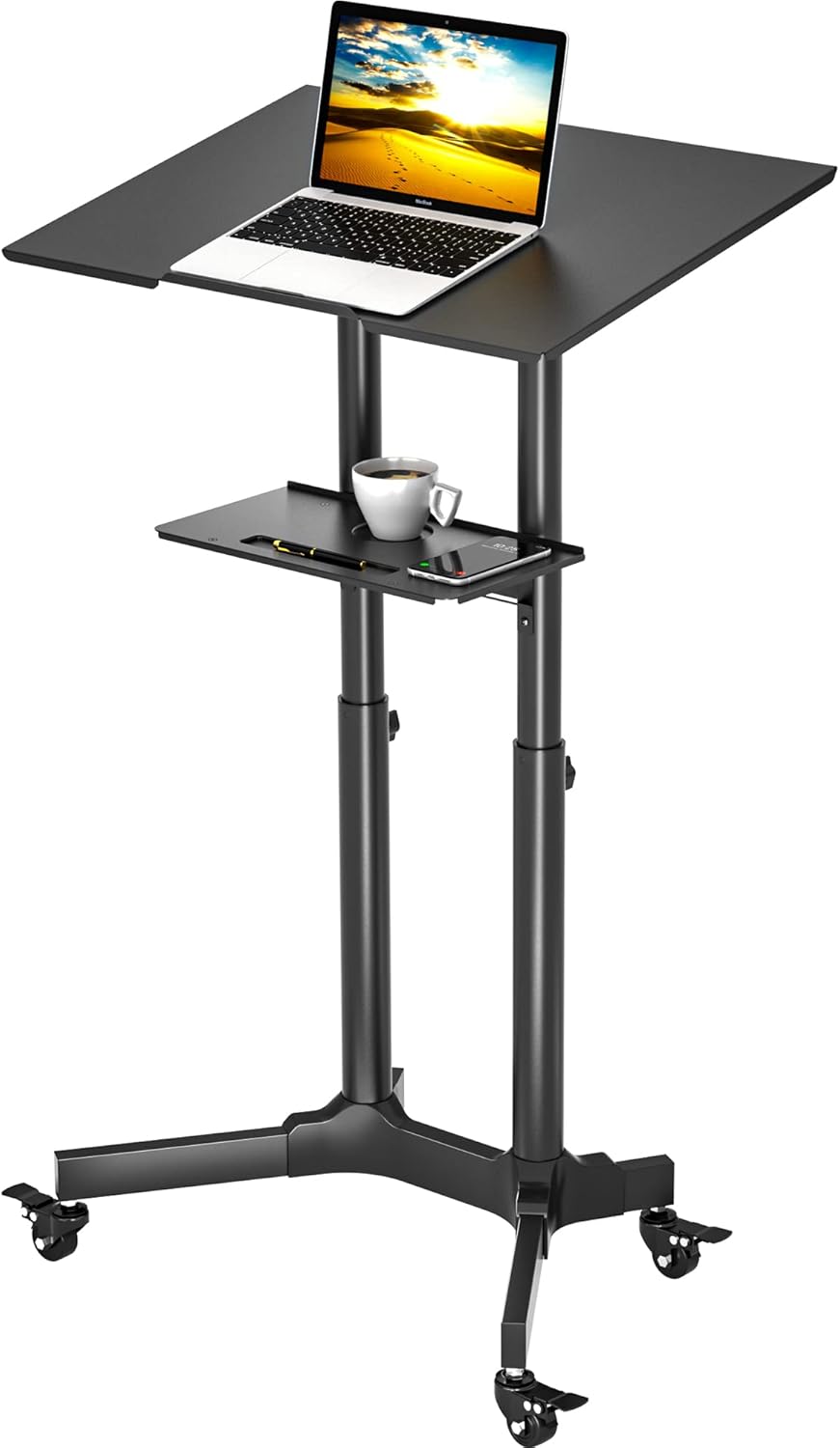 Bureau Informatique Réglable en Hauteur, Table Mobile à Roulette, Bureau Ergonomique avec Plateau Incliné, Structure en Acier Robuste, Table d’appoint pour Petit Appartement, 103-125 cm 2 shelves