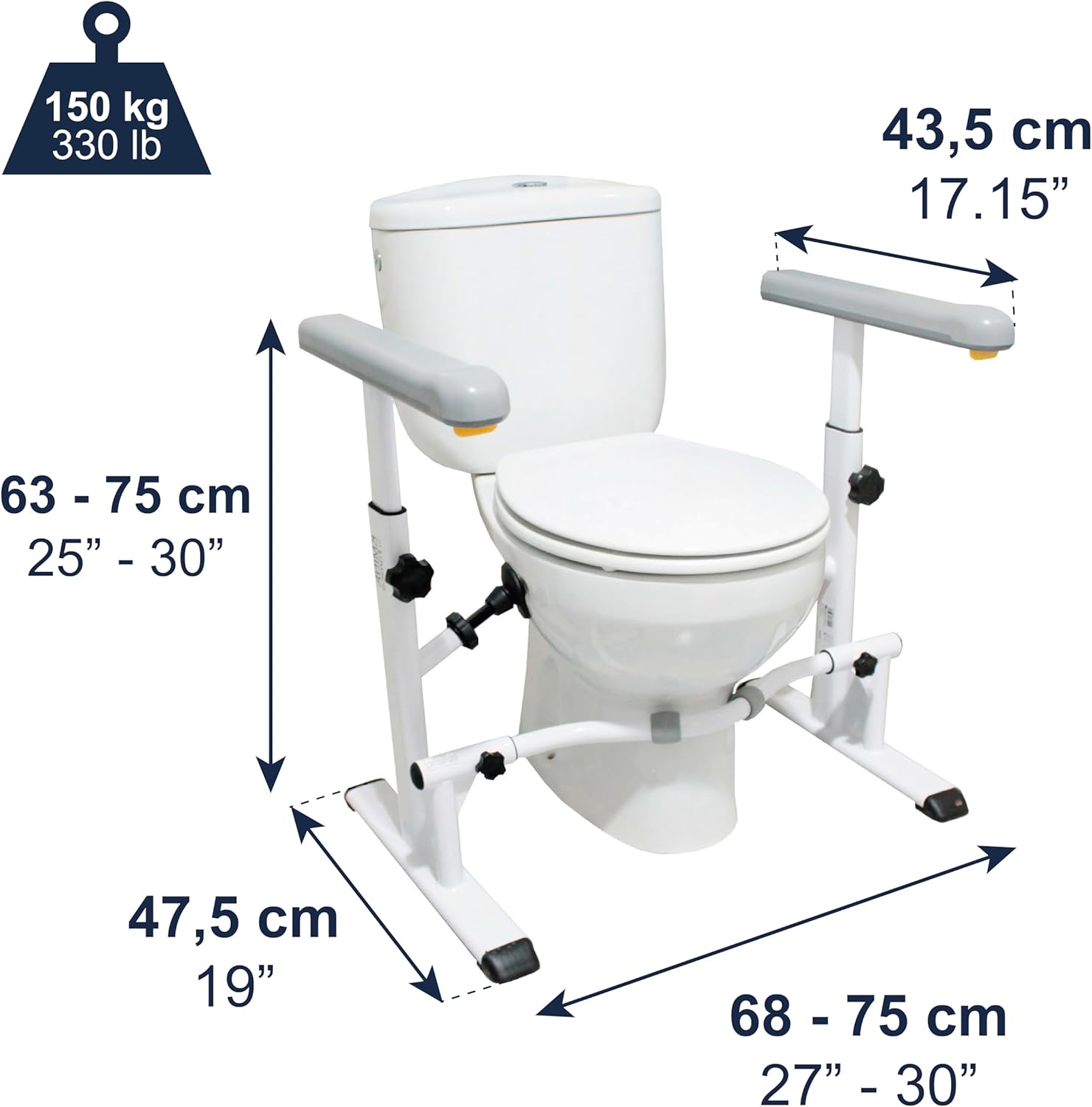 Cadre Toilette avec Accoudoirs Réglables, Structure de Sécurité pour WC Handicapé, Barre d’Appui Latérale, Largeur et Hauteur Ajustables