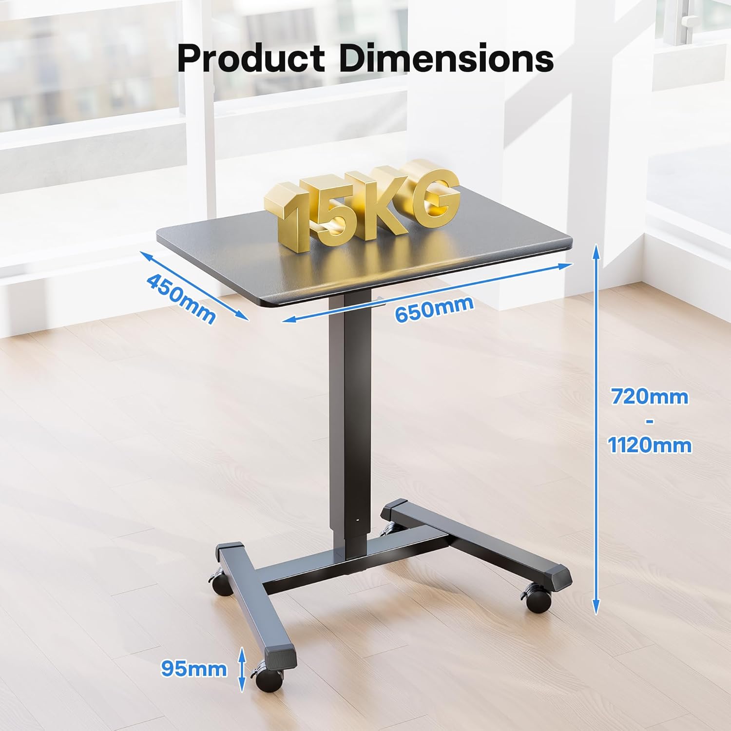Bureau Mobile Réglable en Hauteur, 65 × 45 cm, Table de Lit avec roulettes Verrouillables, Poste de Travail Assis-Debout pour Salon, Chambre, Bureau, Charge Maximale 15 kg, Noir