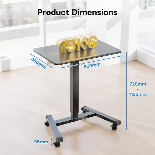 Bureau Mobile Réglable en Hauteur, 65 × 45 cm, Table de Lit avec roulettes Verrouillables, Poste de Travail Assis-Debout pour Salon, Chambre, Bureau, Charge Maximale 15 kg, Noir