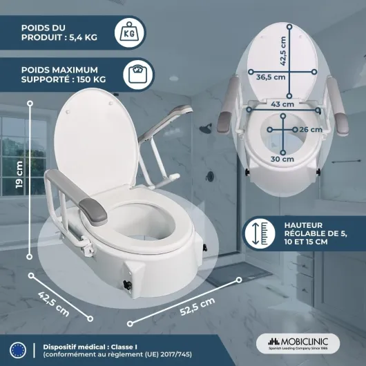 ®, Rehausseur wc adulte, Réglable en 3 hauteurs, Hauteur 5-15cm, Avec couvercle et accoudoirs, Siège de toilette surélevé, Pour personne agée, Blanc