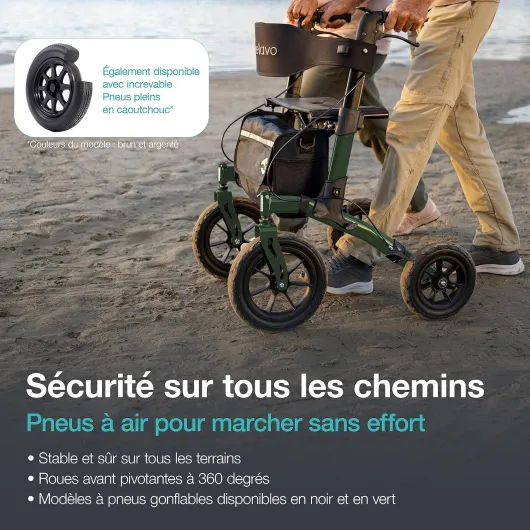 Helavo Déambulateur pour personnes âgées avec siège – Déambulateur 4 roues pliable léger d’extérieur – Rollator tout-terrain avec pneus pneumatiques, assise confortable, hauteur réglable Vert