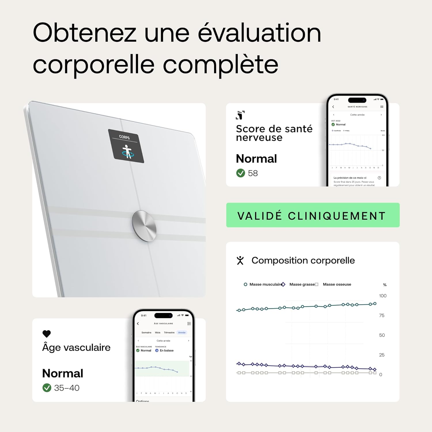 Body Comp - Balance connéctée avec analyse corporelle, Wi-Fi & Bluetooth avec écran couleur, Balance digitale avec précision de la graisse viscérale, du cœur, Blanc
