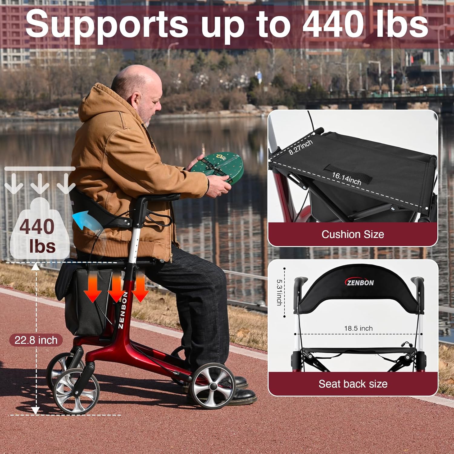 Deambulateur ultra léger Carbone 5,5 kg: Deambulateur 4 roues Pliable Leger - Rollator Déambulateur Étroit avec Freins Panier 20cm Roues Intérieur Extérieur (Rouge)