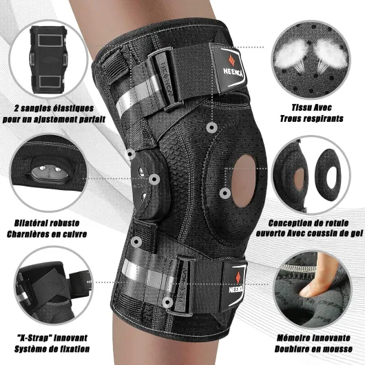 Genouillère pour douleurs au genou, genouillère articulée réglable avec système de fixation breveté X-Strap, forte stabilité pour soulager la douleur Jonit, l'arthrite, la déchirure du ménisque L Black