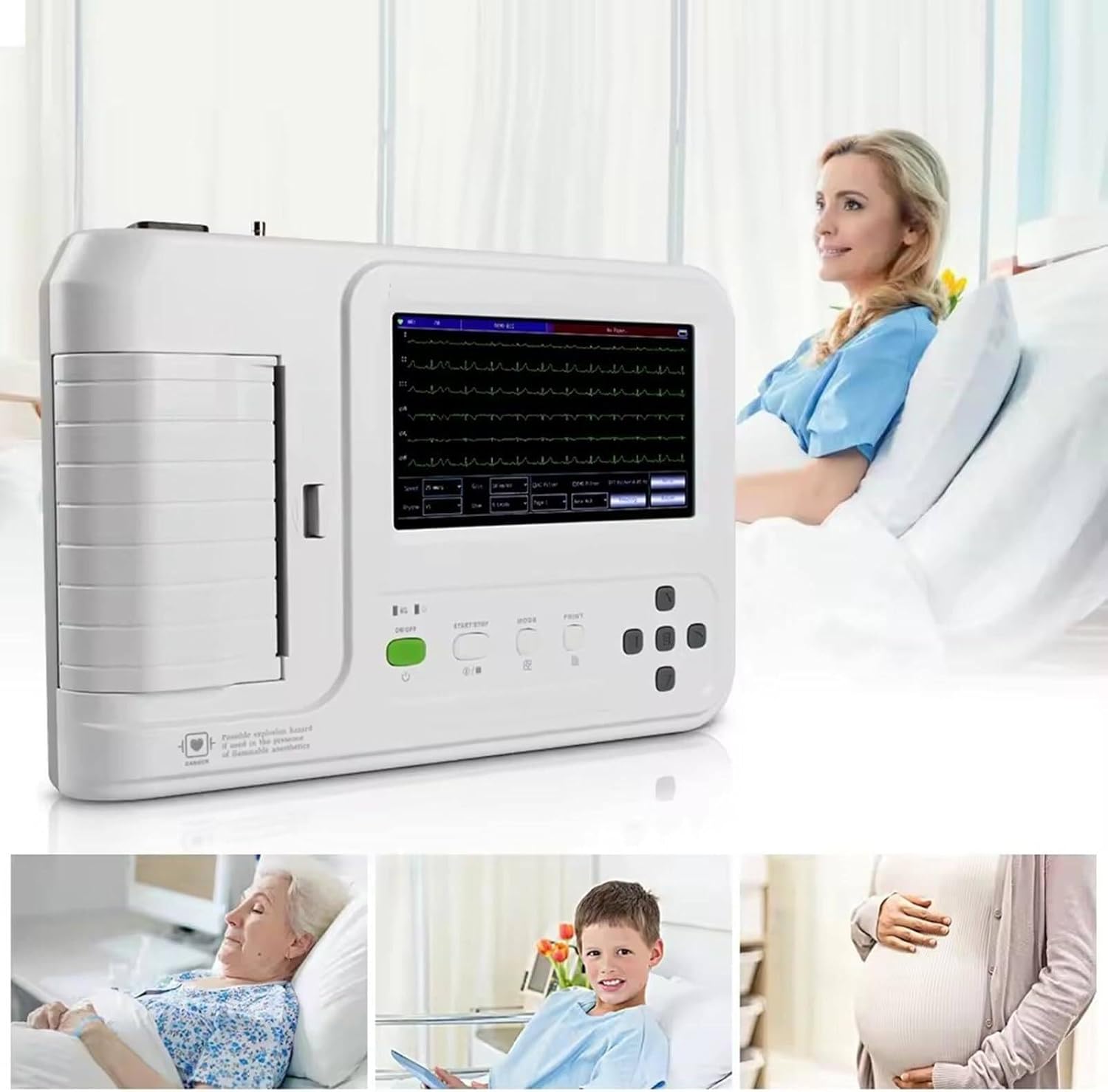 Moniteur ECG Portable avec écran Tactile LCD 7 Pouces, Appareil ECG 6 Canaux 12 Dérivations, Capacité De Stockage De Plus De 1000 Enregistrements, Interface Et Rapports Multilingues