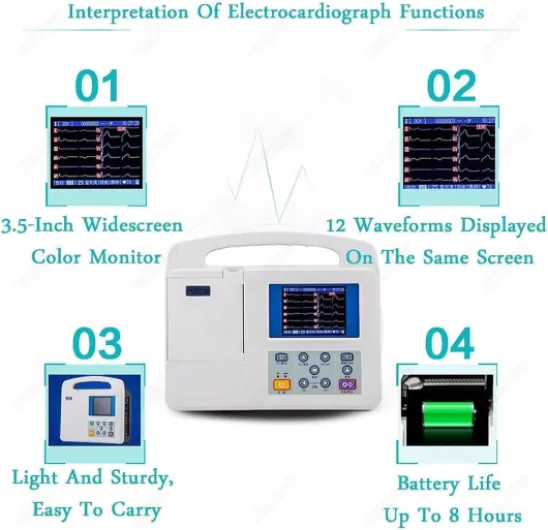 Moniteur ECG Portable, Enregistrement ECG Et Fréquence Cardiaque dans 3 Canaux, 12 Leads ECG Electrocardiograph PC Software ECG, Écran Tactile Numérique pour La Maison, L'hôpital