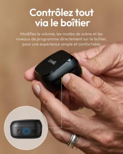 Nano Amplificateur de Son Intra-Auriculaire Discret avec Boîtier de Charge UV Hygiénique, Réduction du Bruit, Contrôle Tout-en-Un, 3 Programmes Sonores, Minuit