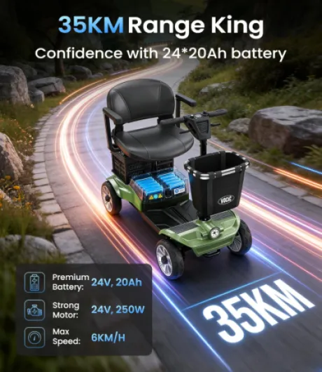 D35 Scooter de mobilité pliable 35 km, avec double panier 40L, capacité 136 kg, roues 20 cm, siège ergonomique réglable, batterie amovible, idéal pour seniors (Vert olive)