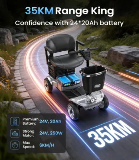 D35 Scooter de mobilité pliable 35 km, avec double panier 40L, capacité 136 kg, roues 20 cm, siège ergonomique réglable, batterie amovible, idéal pour seniors (Gris argenté)