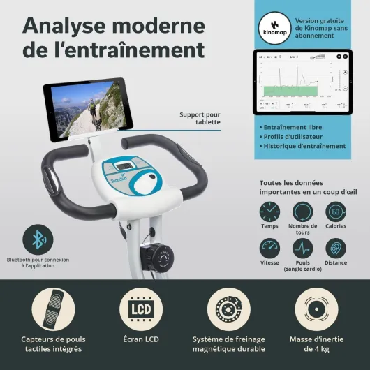 Vélo d’Appartement Pliable Foldaway X-1000 PLUS, 8 Niveaux de Résistance Magnétique, Velo D Appartement, Bluetooth, Kinomap, Écran LCD Rangement Facile, Support Tablette, Max 130KG Blanc/Bleu