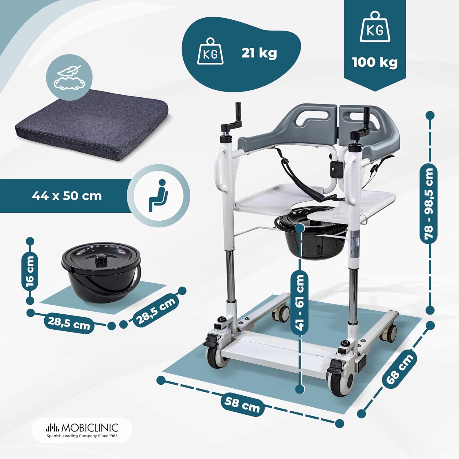 ®, Chaise Élévatrice de Transfert, Urinoir Amovible, Réglable en Hauteur, Double Système de Sécurité, Ouverture Latérale, Coussin, Roulettes avec Freins, pour Lit, Toilettes, Acier, Willy