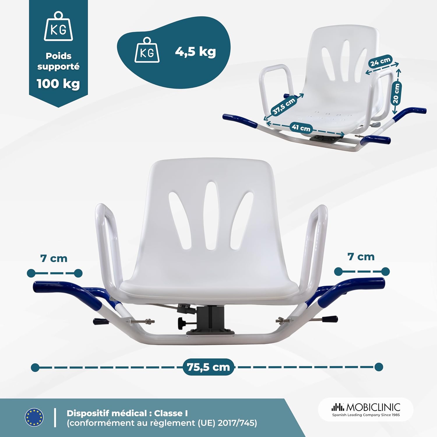 , Chaise Pivotant 360º pour Baignoire, Tabouret Douche pour Personnes âgées ou handicapées, Siège pivotant, Barres sécurité latérales, Hauteur réglable, Antidérapants, Blanc, Lago