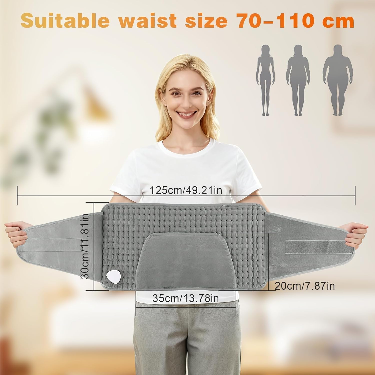 Coussin Chauffant Électrique 122x30cm Ceinture Chauffante Lombaire 10 Niveaux de Température 38-60℃ Ceinture Chauffante Dos 4 Réglages de Minuterie Coussin Chauffant Regle Douloureuse(Gris)
