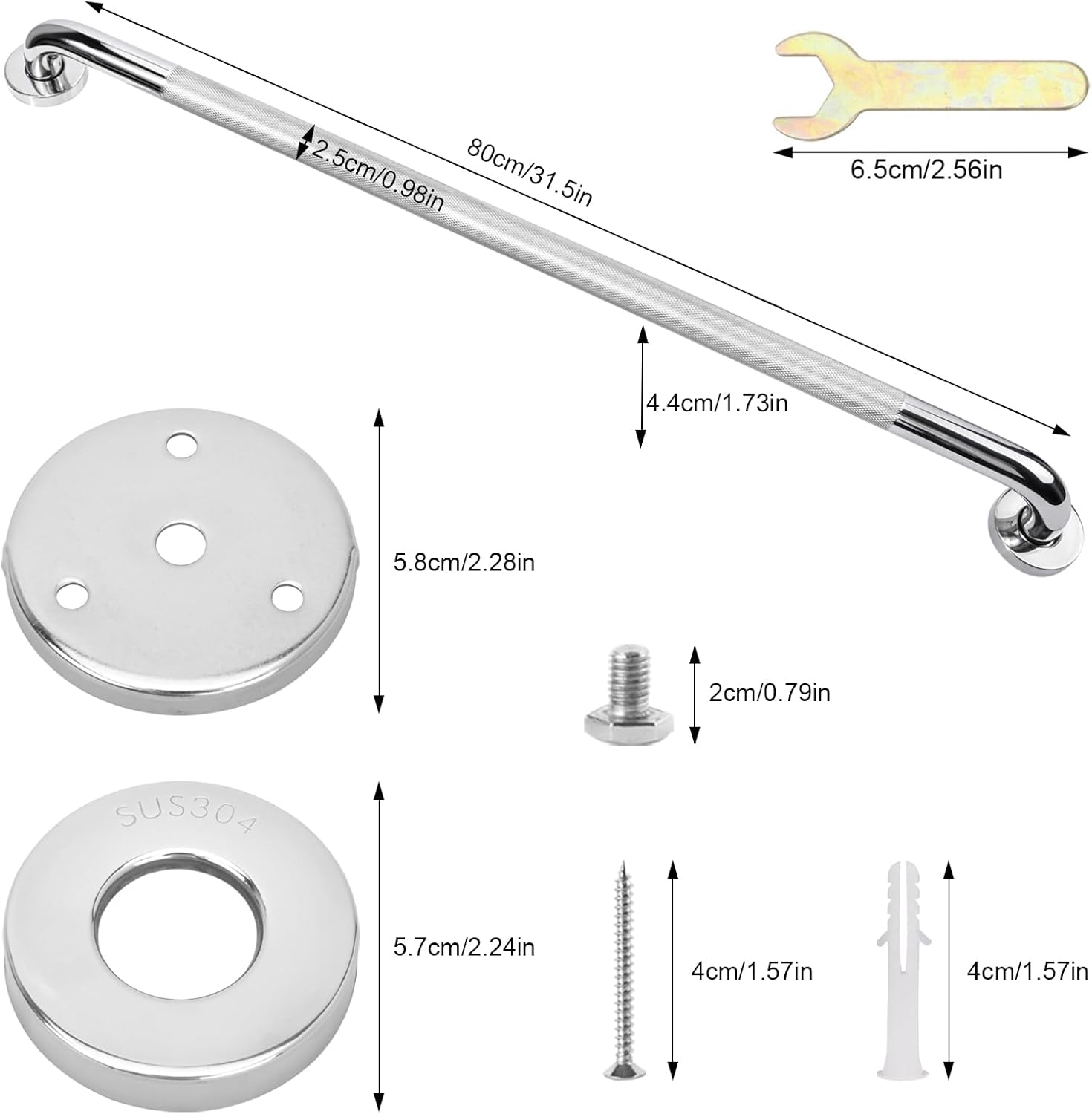 Sunzone Barres d'Appui de Salle de Bain,304 Antidérapant Acier Inox Maintien Poignée Douche, pour Baignoire,Toilettes, Salle de Bain, Rampe d'Escalier, 80cm Argent 80CM(Pack of 1）