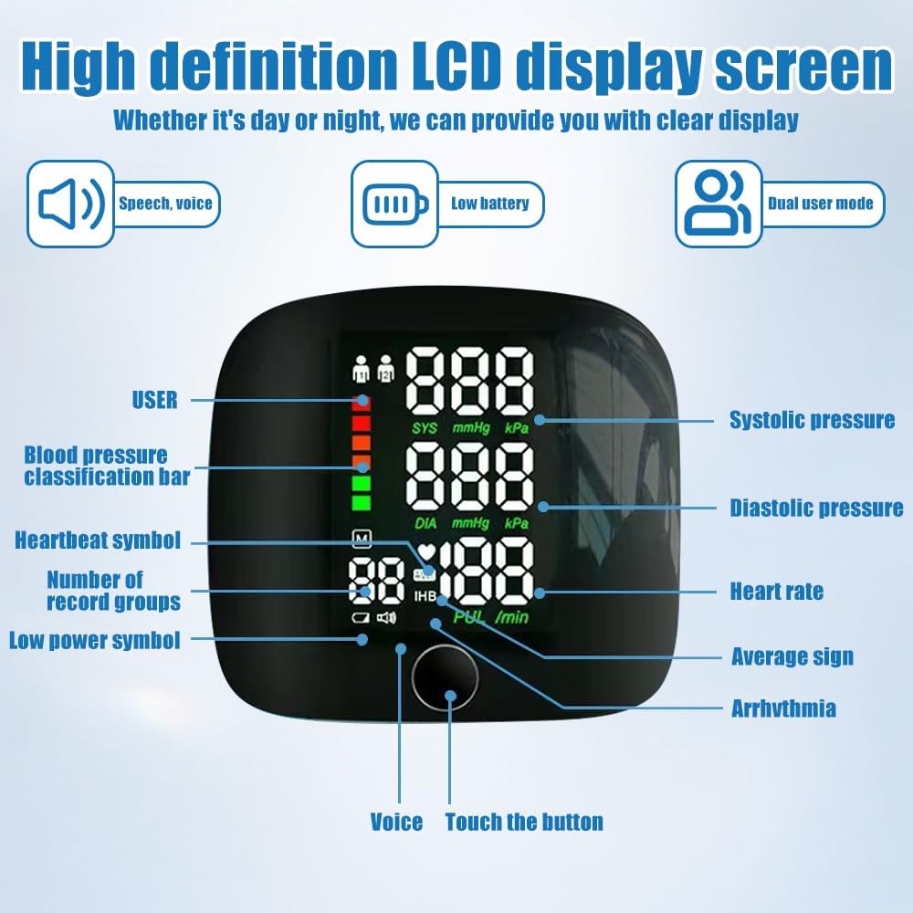 Tensiomètre de poignet, moniteur de pression artérielle rechargeable avec grand écran LED, appareils de pression artérielle avec diffusion vocale, mémoire de lecture, pour adultes personnes âgées à la