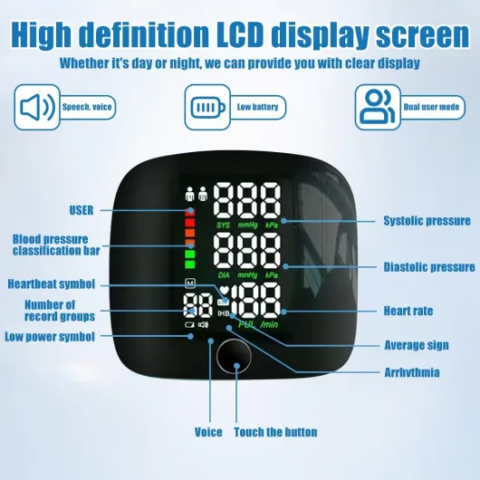 Tensiomètre de poignet, moniteur de pression artérielle rechargeable avec grand écran LED, appareils de pression artérielle avec diffusion vocale, mémoire de lecture, pour adultes personnes âgées à la