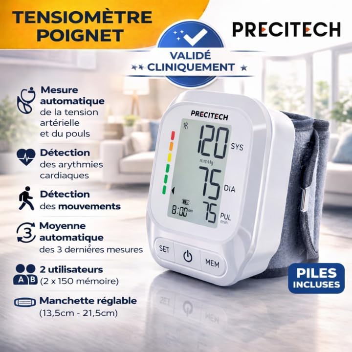 Tensiomètre Poignet EASY - Validé Cliniquement (ESH) - Détection des Arythmies & Mouvements - Moyenne Automatique des 3 Dernières Mesures - 2 Utilisateurs - Manchette Réglable