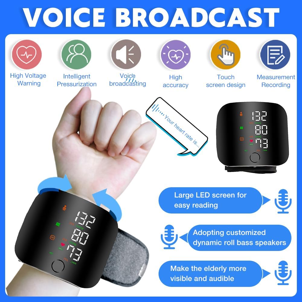 Tensiomètre au poignet rechargeable avec écran LCD et sortie vocale, moniteur de pression sanguine réglable avec mémoire de lecture 99 x 2, tensiomètre pour les personnes âgées