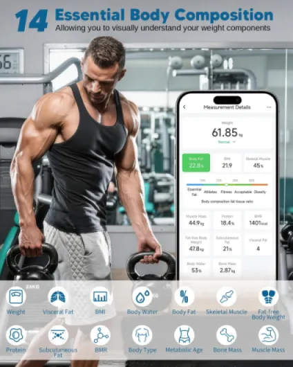 Balance impédancemètre rechargeable USB, pese personne masse graisseuse et muscle pour le calcul de l'IMC et 14 autres paramètres - Balance pese personne sans pile, jusqu'à 180 kg Bleu
