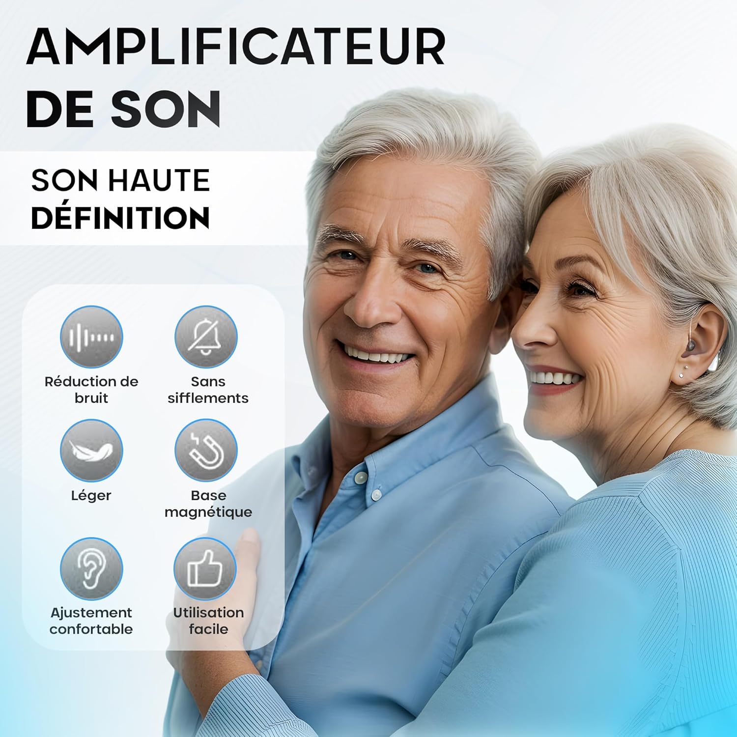 Amplificateur Sonore Personnel Rechargeable (Lot de 2) – Ultraléger 4 g, Contour d’Oreille Discret (BTE), Puce DSP, Volume Réglable, Base de Charge Magnétique, pour la TV et les Conversations argenté