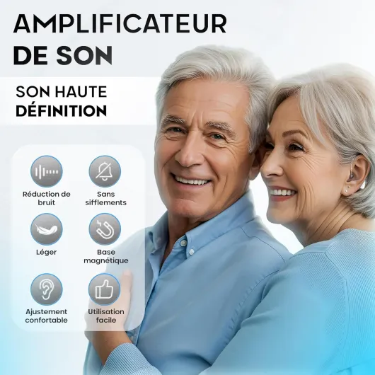 Amplificateur Sonore Personnel Rechargeable (Lot de 2) – Ultraléger 4 g, Contour d’Oreille Discret (BTE), Puce DSP, Volume Réglable, Base de Charge Magnétique, pour la TV et les Conversations argenté