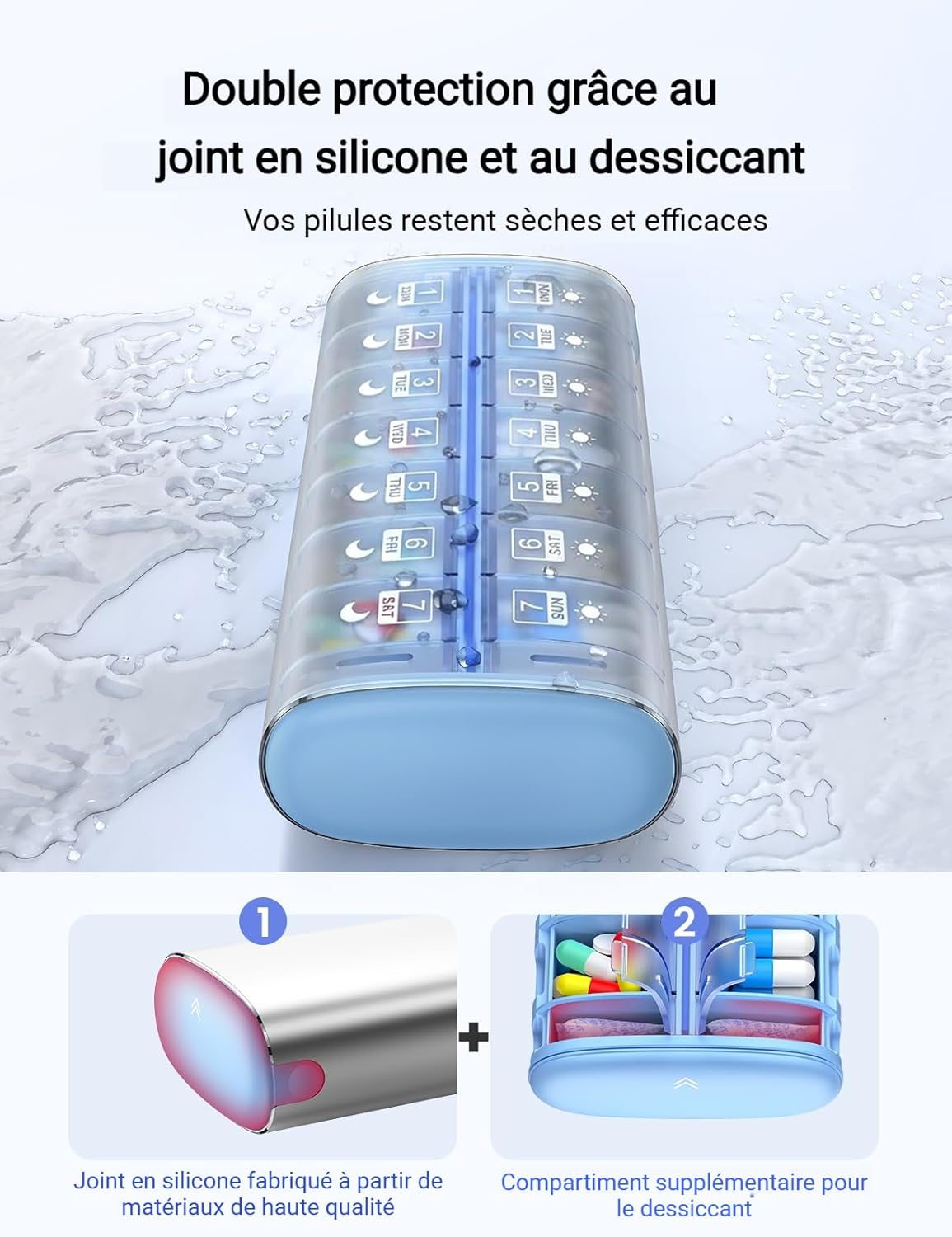 Pilulier hebdomadaire de 7 jours (support 2 fois par jour), pilulier de voyage en métal, grande capacité, joli pilulier quotidien pour suppléments, pilules, vitamines et médicaments Argent 2×/jour (Non amovible)