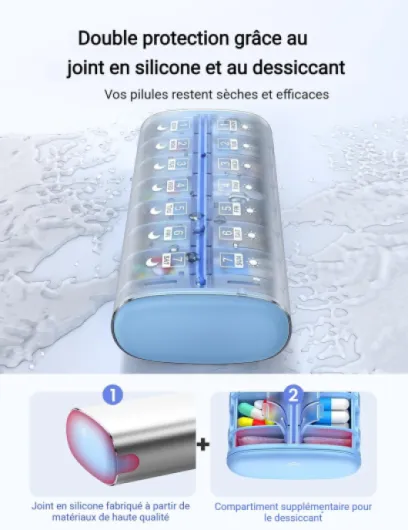 Pilulier hebdomadaire de 7 jours (support 2 fois par jour), pilulier de voyage en métal, grande capacité, joli pilulier quotidien pour suppléments, pilules, vitamines et médicaments Argent 2×/jour (Non amovible)