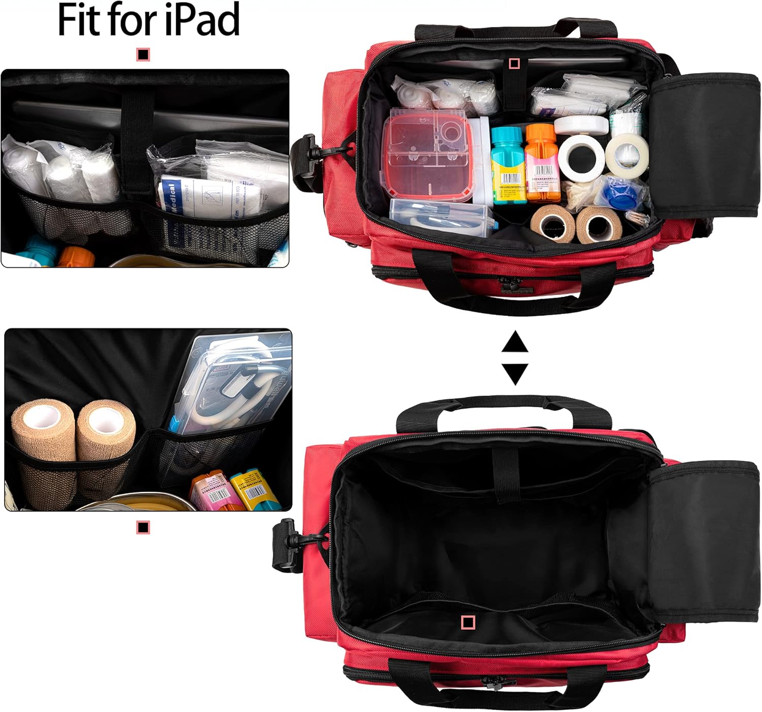 Sac Médical, Sac Infirmière, Malette Infirmiere Liberale avec Bande Réfléchissante pour Visite à Domicile en Portant Fournitures Médicales avec Nombreuses Poches pour Étudiant Infirmière, Rouge