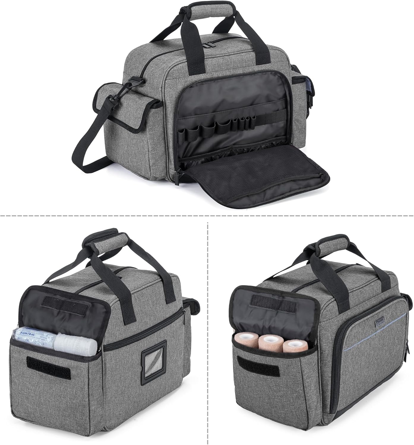 Sac pour Infirmière Libérale, Malette Infirmiere Liberale Convient à Visite à Domicile, Sac Bandoulière Porter Fourmitures Médical avec Nombreuse Poches pour Étudiant Infirmière, Gris Blanc