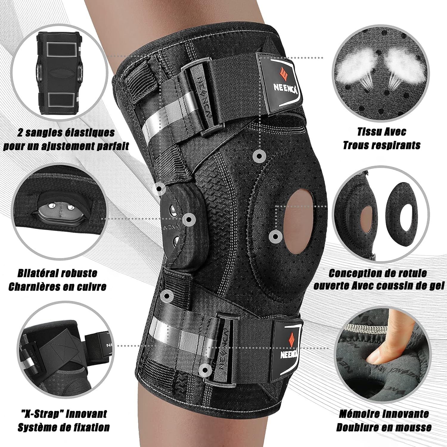 Genouillère pour douleurs au genou, genouillère articulée réglable avec système de fixation breveté X-Strap, forte stabilité pour soulager la douleur Jonit, l'arthrite, la déchirure du ménisque S Black