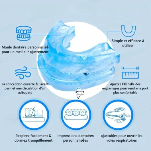 BuccoCare Orthèse d'avancée mandibulaire anti-ronflement à réglage précis et confort doux Respiration Améliorée pour Adultes sommeil réparateur et sans entrave (Bleu)