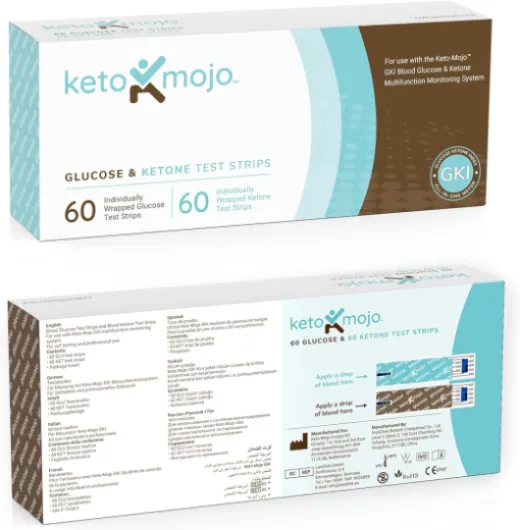 KETO-MOJO Pack combiné de bandelettes réactives à utiliser UNIQUEMENT avec le lecteur GKI - 60 Glycémie + 60 Cétone Sanguine (120ct)