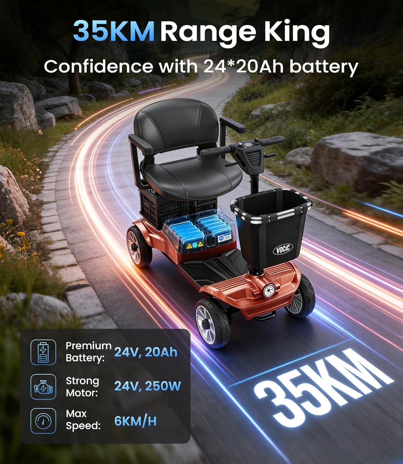 D35 Scooter de mobilité pliable 35 km, avec double panier 40L, capacité 136 kg, roues 20 cm, siège ergonomique réglable, batterie amovible, idéal pour seniors (Rouge orangé)