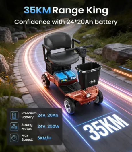 D35 Scooter de mobilité pliable 35 km, avec double panier 40L, capacité 136 kg, roues 20 cm, siège ergonomique réglable, batterie amovible, idéal pour seniors (Rouge orangé)