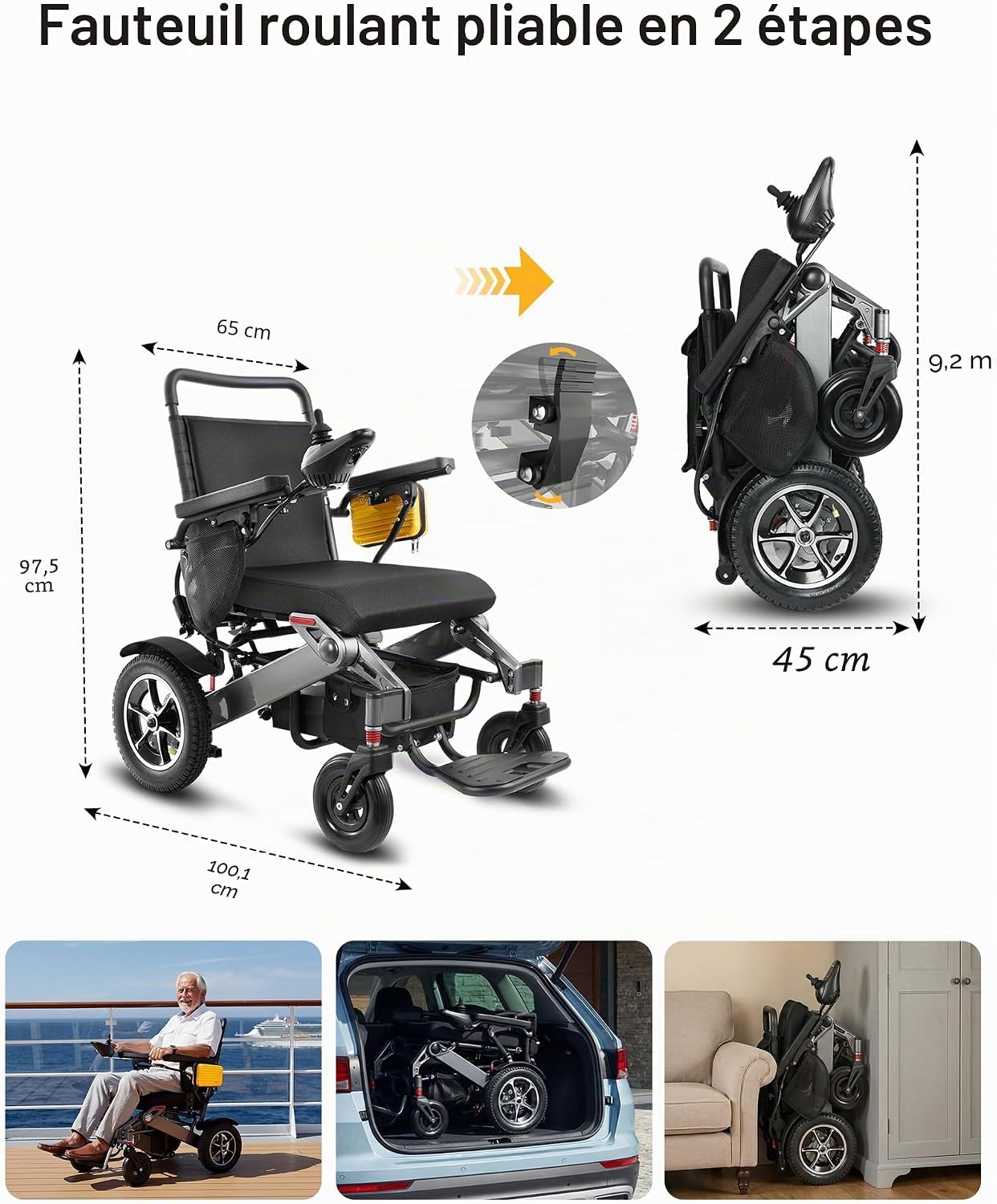 Fauteuil Roulant Électrique Pliable pour Adultes - Charge Max 182 kg & Autonomie 48 km - Batterie Lithium 25 Ah Moteurs 500W - Roues Gonflables 32 cm Extérieur - Noir