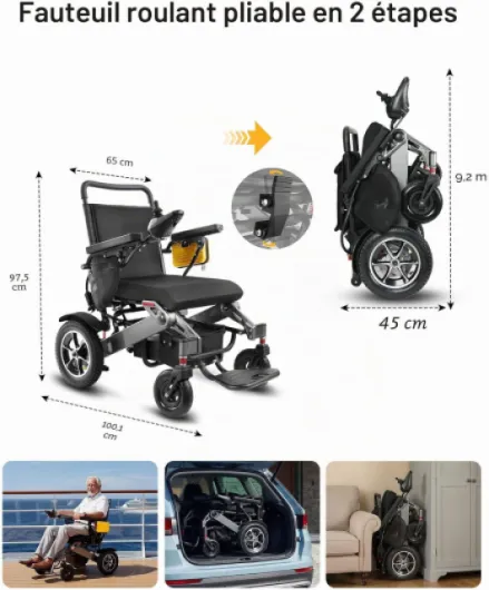 Fauteuil Roulant Électrique Pliable pour Adultes - Charge Max 182 kg & Autonomie 48 km - Batterie Lithium 25 Ah Moteurs 500W - Roues Gonflables 32 cm Extérieur - Noir