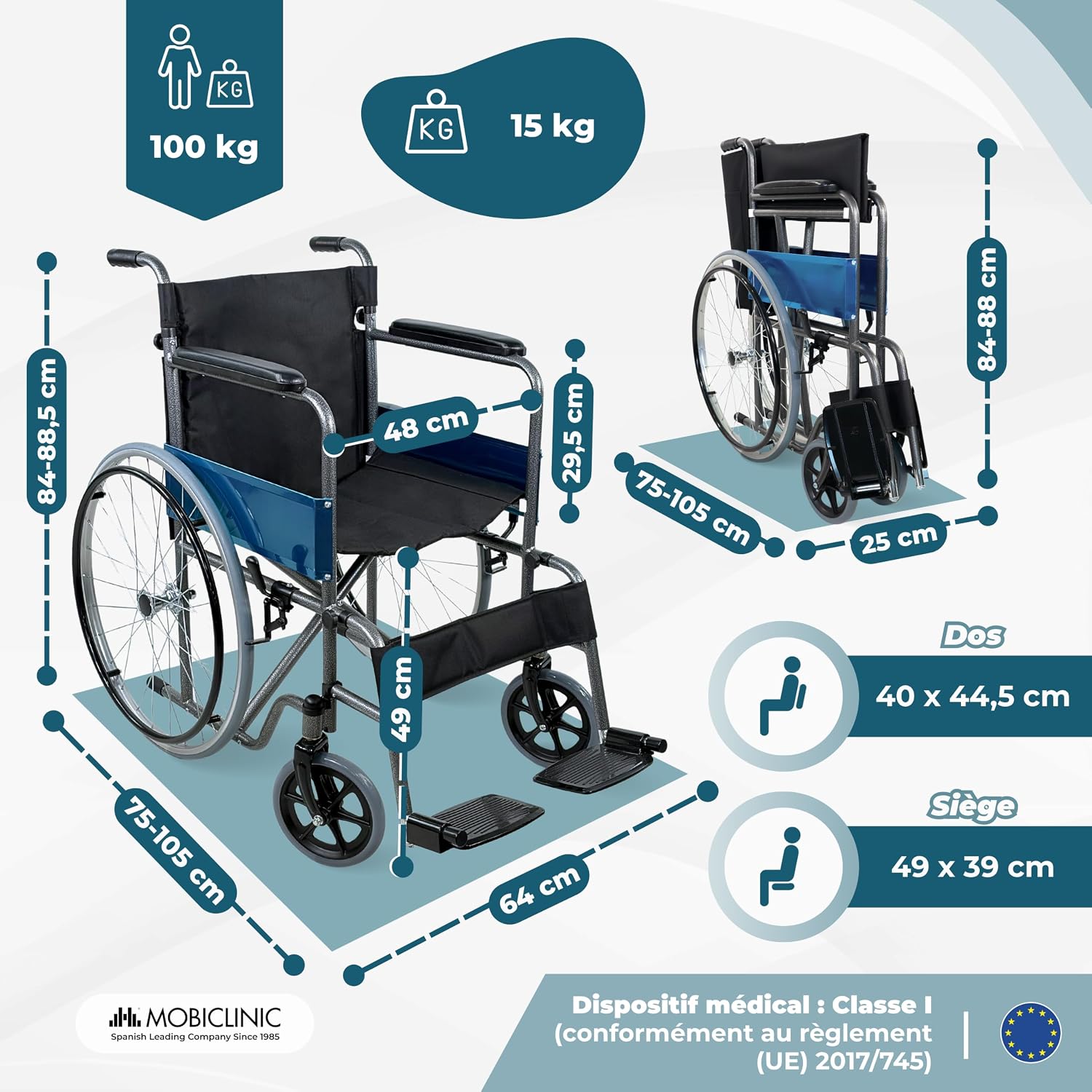 ®, Fauteuil roulant pliable, Léger, Alcazar, Automoteur, Frein de parking, Siège 46cm, Marque européenne, Repose-pieds pliants, Accoudoirs rembourrés, Robuste, Roulettes mazic, Noir
