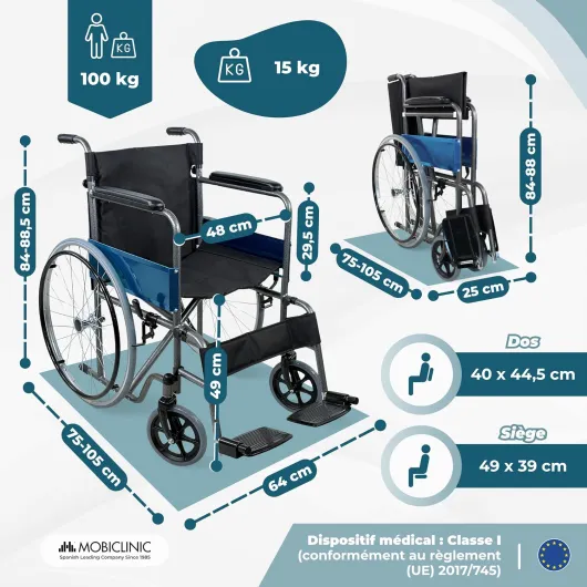 ®, Fauteuil roulant pliable, Léger, Alcazar, Automoteur, Frein de parking, Siège 46cm, Marque européenne, Repose-pieds pliants, Accoudoirs rembourrés, Robuste, Roulettes mazic, Noir
