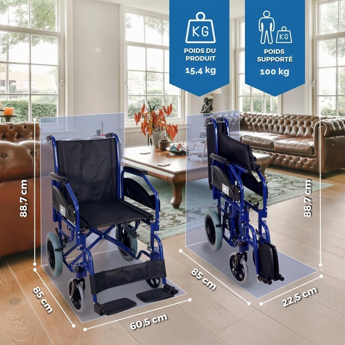 ®, Fauteuil roulant pliant, Maestranza, Freins de stationnement, Siège 45 cm, Repose-pieds amovibles, Accoudoirs pliants et rembourrés, Petites roues, Robuste, Couleur noir