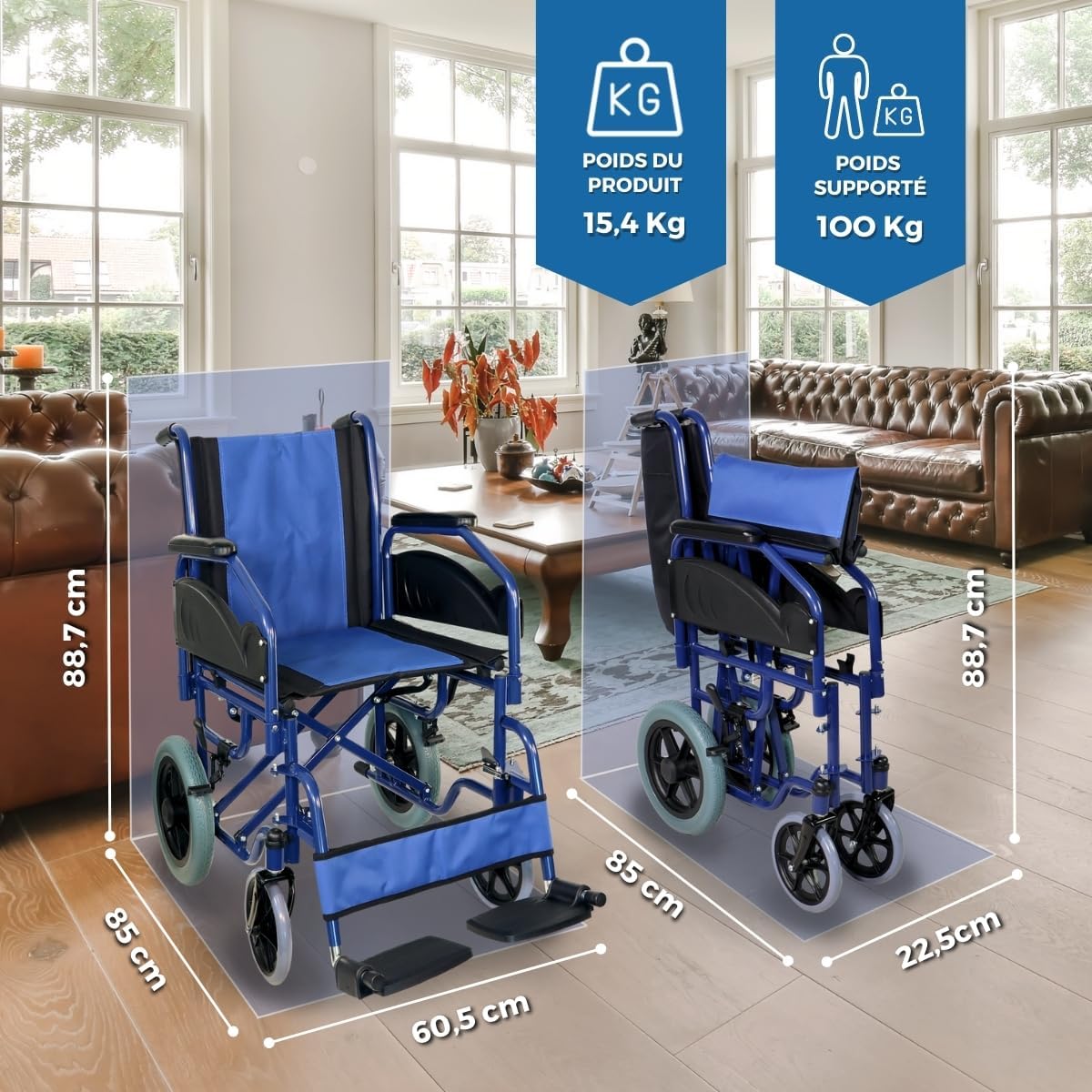 ®, Fauteuil roulant pliable, Maestranza, Freins de stationnement, Siège 45 cm, Repose-pieds amovibles, Accoudoirs pliants et rembourrés, Petites roues, Robuste, Couleur bleue
