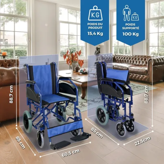 ®, Fauteuil roulant pliable, Maestranza, Freins de stationnement, Siège 45 cm, Repose-pieds amovibles, Accoudoirs pliants et rembourrés, Petites roues, Robuste, Couleur bleue